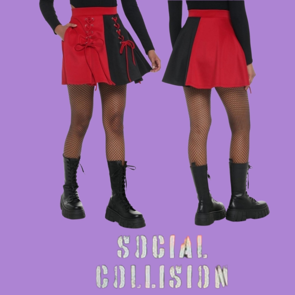 Social Collision: Red & Black Split Lace-Up Skirt